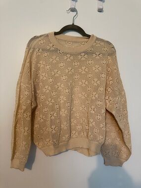 THE GREAT. Beige Floral Openwork Crewneck Sweater